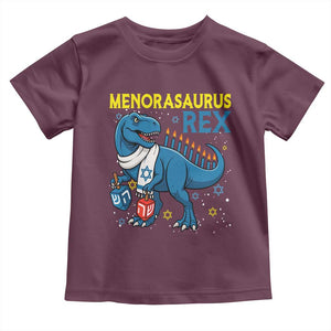 Funny Hanukkah Dinosaur With Dreidel Menorah Pun Gift Toddler T Shirt Menorasaurus Rex TS12 Maroon Print Your Wear
