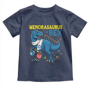 Funny Hanukkah Dinosaur With Dreidel Menorah Pun Gift Toddler T Shirt Menorasaurus Rex TS12 Navy Print Your Wear