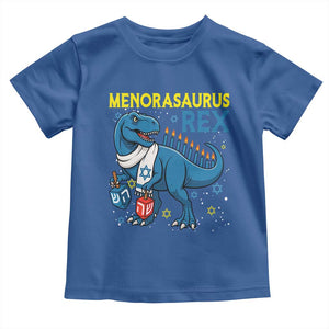 Funny Hanukkah Dinosaur With Dreidel Menorah Pun Gift Toddler T Shirt Menorasaurus Rex TS12 Royal Blue Print Your Wear