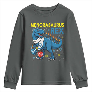 Funny Hanukkah Dinosaur With Dreidel Menorah Pun Gift Youth Sweatshirt Menorasaurus Rex TS12 Dark Heather Print Your Wear