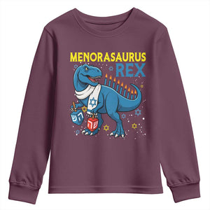 Funny Hanukkah Dinosaur With Dreidel Menorah Pun Gift Youth Sweatshirt Menorasaurus Rex TS12 Maroon Print Your Wear