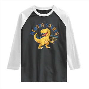 Funny Hanukkah Dinosaur Celebration Festival Of Lights Gift Raglan Shirt Menorasaurus TS12 Black White Print Your Wear