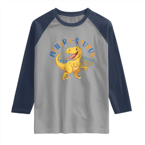 Funny Hanukkah Dinosaur Celebration Festival Of Lights Gift Raglan Shirt Menorasaurus TS12 Sport Gray Navy Print Your Wear
