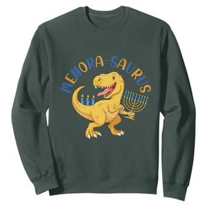 Funny Hanukkah Dinosaur Celebration Festival Of Lights Gift Sweatshirt Menorasaurus TS12 Dark Forest Green Print Your Wear