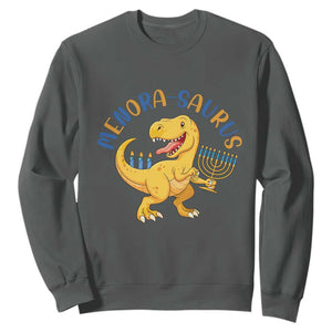 Funny Hanukkah Dinosaur Celebration Festival Of Lights Gift Sweatshirt Menorasaurus TS12 Dark Heather Print Your Wear