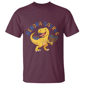 Funny Hanukkah Dinosaur Celebration Festival Of Lights Gift T Shirt Menorasaurus TS12 Maroon Print Your Wear