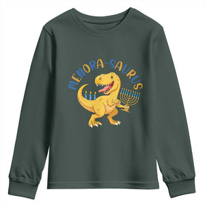 Funny Hanukkah Dinosaur Celebration Festival Of Lights Gift Youth Sweatshirt Menorasaurus TS12 Dark Forest Green Print Your Wear