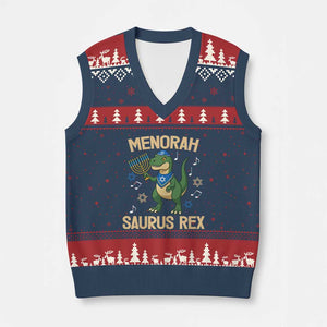 Funny Hanukkah Dinosaur Lover V-Neck Knit Sweater Vest Menorasaurus Rex Festival Of Lights Gift TS12 Navy Red Print Your Wear