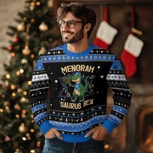 Funny Dinosaur Lover Hanukkah Ugly Sweater Menorasaurus Rex Festival Of Lights Gift TS12 Black Blue Print Your Wear