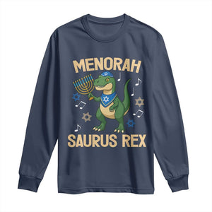 Funny Hanukkah Dinosaur Lover Long Sleeve Shirt Menorasaurus Rex Festival Of Lights Gift TS12 Navy Print Your Wear