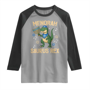 Funny Hanukkah Dinosaur Lover Raglan Shirt Menorasaurus Rex Festival Of Lights Gift TS12 Sport Gray Black Print Your Wear