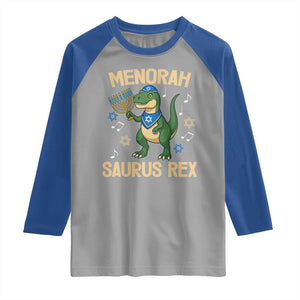 Funny Hanukkah Dinosaur Lover Raglan Shirt Menorasaurus Rex Festival Of Lights Gift TS12 Sport Gray Royal Print Your Wear