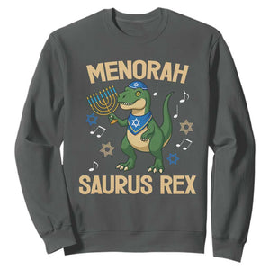 Funny Hanukkah Dinosaur Lover Sweatshirt Menorasaurus Rex Festival Of Lights Gift TS12 Dark Heather Print Your Wear