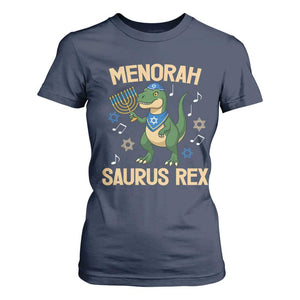 Funny Hanukkah Dinosaur Lover T Shirt For Women Menorasaurus Rex Festival Of Lights Gift TS12 Navy Print Your Wear