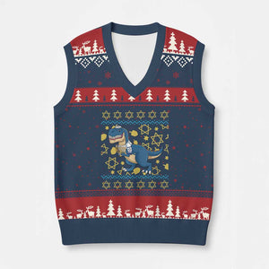 Funny Hanukkah Dinosaur Lover Ugly Sweater V-Neck Knit Sweater Vest Festival Of Lights Gift TS12 Navy Red Print Your Wear