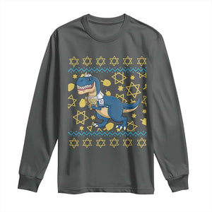 Funny Hanukkah Dinosaur Lover Ugly Sweater Long Sleeve Shirt Festival Of Lights Gift TS12 Dark Heather Print Your Wear