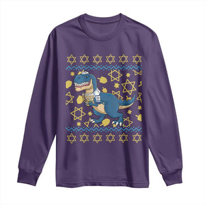 Funny Hanukkah Dinosaur Lover Ugly Sweater Long Sleeve Shirt Festival Of Lights Gift TS12 Purple Print Your Wear