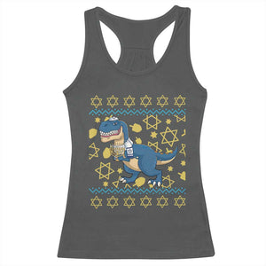 Funny Hanukkah Dinosaur Lover Ugly Sweater Racerback Tank Top Festival Of Lights Gift TS12 Dark Heather Print Your Wear