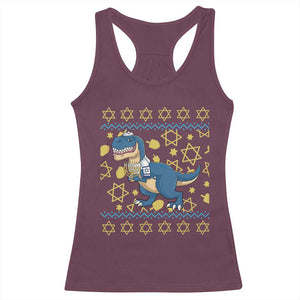 Funny Hanukkah Dinosaur Lover Ugly Sweater Racerback Tank Top Festival Of Lights Gift TS12 Maroon Print Your Wear