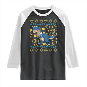 Funny Hanukkah Dinosaur Lover Ugly Sweater Raglan Shirt Festival Of Lights Gift TS12 Black White Print Your Wear