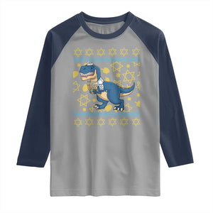 Funny Hanukkah Dinosaur Lover Ugly Sweater Raglan Shirt Festival Of Lights Gift TS12 Sport Gray Navy Print Your Wear
