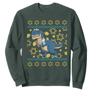 Funny Hanukkah Dinosaur Lover Ugly Sweater Sweatshirt Festival Of Lights Gift TS12 Dark Forest Green Print Your Wear
