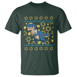 Funny Hanukkah Dinosaur Lover Ugly Sweater T Shirt Festival Of Lights Gift TS12 Dark Forest Green Print Your Wear