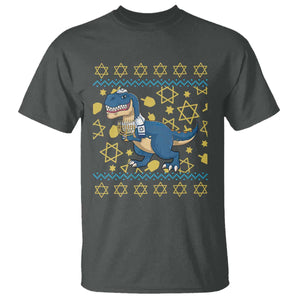 Funny Hanukkah Dinosaur Lover Ugly Sweater T Shirt Festival Of Lights Gift TS12 Dark Heather Print Your Wear