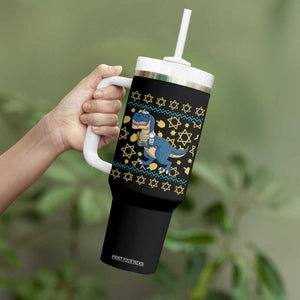 Funny Hanukkah Dinosaur Lover Ugly Sweater Tumbler With Handle Festival Of Lights Gift TS12 Print Your Wear