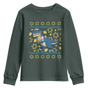 Funny Hanukkah Dinosaur Lover Ugly Sweater Youth Sweatshirt Festival Of Lights Gift TS12 Dark Forest Green Print Your Wear