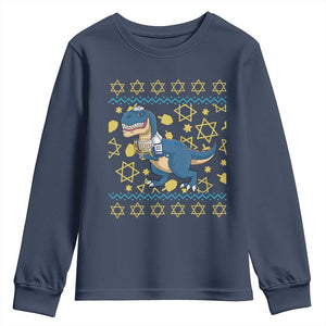 Funny Hanukkah Dinosaur Lover Ugly Sweater Youth Sweatshirt Festival Of Lights Gift TS12 Navy Print Your Wear