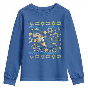 Funny Hanukkah Dinosaur Lover Ugly Sweater Youth Sweatshirt Festival Of Lights Gift TS12 Royal Blue Print Your Wear