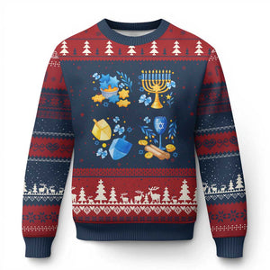 Hanukkah Celebration Ugly Christmas Sweater Menorah Star Of David Candle Dreidel Gift TS12 Navy Red Print Your Wear