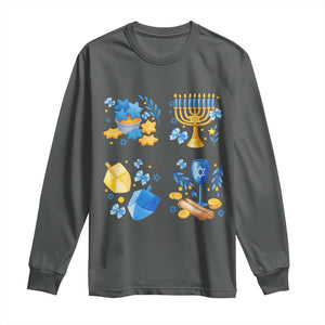 Hanukkah Celebration Long Sleeve Shirt Menorah Star Of David Candle Dreidel Gift TS12 Dark Heather Print Your Wear