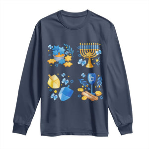 Hanukkah Celebration Long Sleeve Shirt Menorah Star Of David Candle Dreidel Gift TS12 Navy Print Your Wear