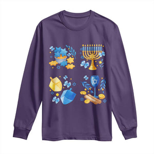 Hanukkah Celebration Long Sleeve Shirt Menorah Star Of David Candle Dreidel Gift TS12 Purple Print Your Wear