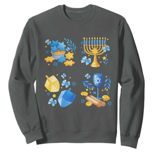 Hanukkah Celebration Sweatshirt Menorah Star Of David Candle Dreidel Gift TS12 Dark Heather Print Your Wear