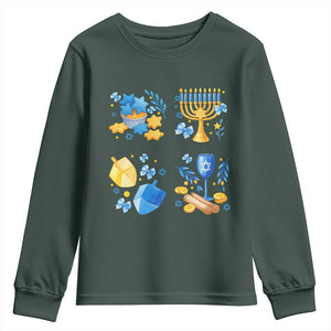Hanukkah Celebration Youth Sweatshirt Menorah Star Of David Candle Dreidel Gift TS12 Dark Forest Green Print Your Wear