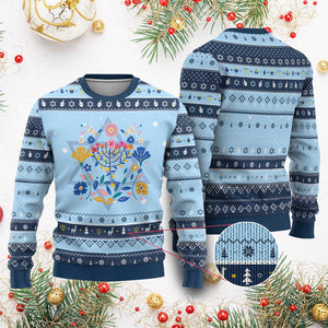 Chanukkah Floral Menorah Hanukkah Ugly Sweater Jewish Gift For Women TS12 Light Blue Navy Print Your Wear