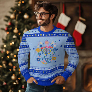 Chanukkah Floral Menorah Hanukkah Ugly Sweater Jewish Gift For Women TS12 Light Blue Royal Blue Print Your Wear
