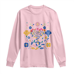 Hanukkah Floral Menorah Long Sleeve Shirt Jewish Gift For Women TS12 Light Pink Print Your Wear