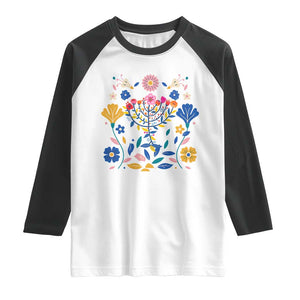 Hanukkah Floral Menorah Raglan Shirt Jewish Gift For Women TS12 White Black Print Your Wear