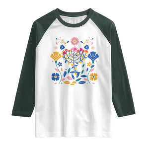 Hanukkah Floral Menorah Raglan Shirt Jewish Gift For Women TS12 White Dark Forest Green Print Your Wear