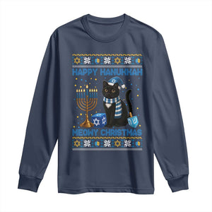 Hanukkah Cat Lover Gifts Long Sleeve Shirt Happy Hanukkah Meowy Christmas TS12 Navy Print Your Wear