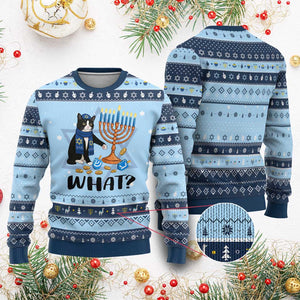 Funny Black Cat Chaos Menorah Gift Hanukkah Ugly Sweater TS12 Light Blue Navy Print Your Wear