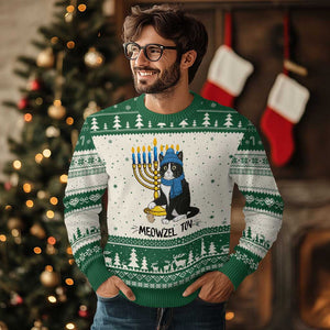 Meowzel Tov Ugly Christmas Sweater Black Cat Playing Dreidel Menorah Hanukkah Gift TS12 Beige Green Print Your Wear