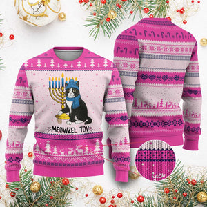 Meowzel Tov Ugly Christmas Sweater Black Cat Playing Dreidel Menorah Hanukkah Gift TS12 Hot Pink Print Your Wear