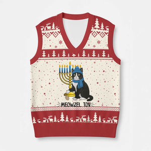 Meowzel Tov V-Neck Knit Sweater Vest Black Cat Playing Dreidel Menorah Hanukkah Gift TS12 Beige Red Print Your Wear