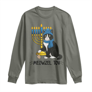 Meowzel Tov Long Sleeve Shirt Black Cat Playing Dreidel Menorah Hanukkah Gift TS12 Military Green Print Your Wear