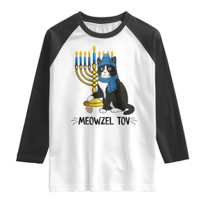 Meowzel Tov Raglan Shirt Black Cat Playing Dreidel Menorah Hanukkah Gift TS12 White Black Print Your Wear